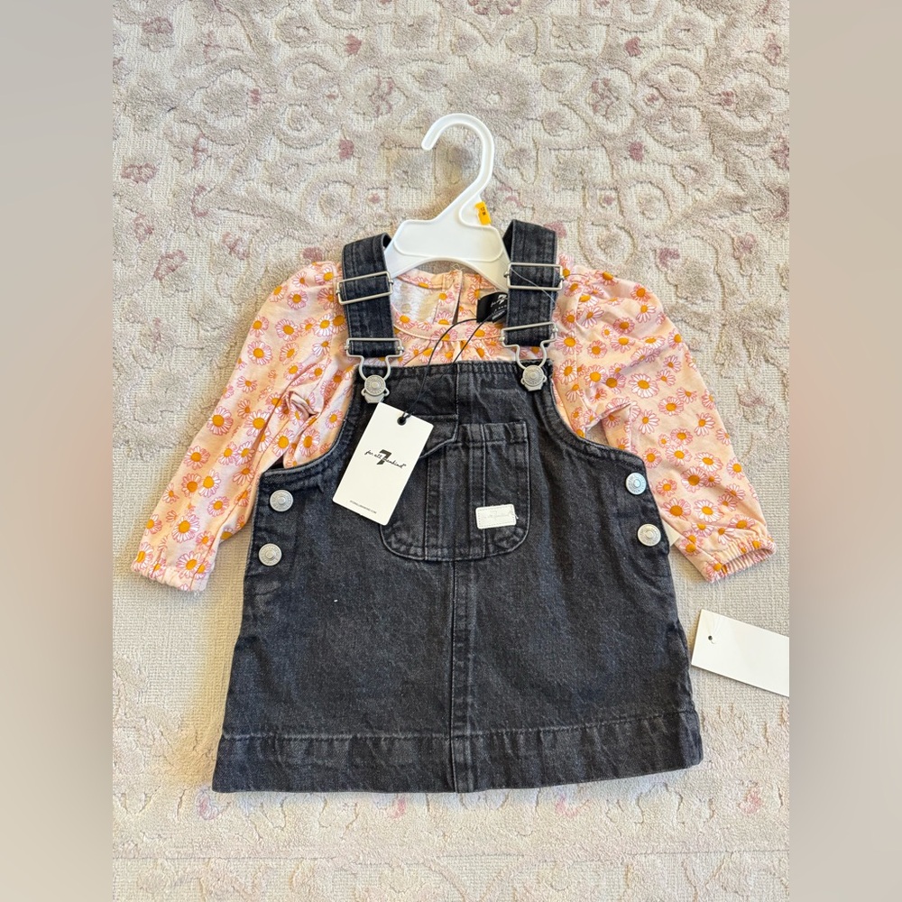 7 For All Mankind | Two-Piece Overall Set with Floral Long Sleeve T-Shirt